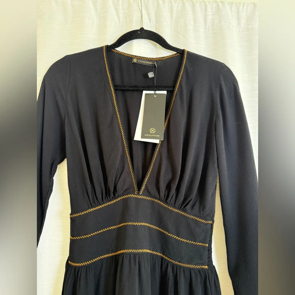 ViX Black Mini Dress Long Sleeve Deep V Waist Detail Resort Luxury NWT Size XS - Picture 9 of 15
